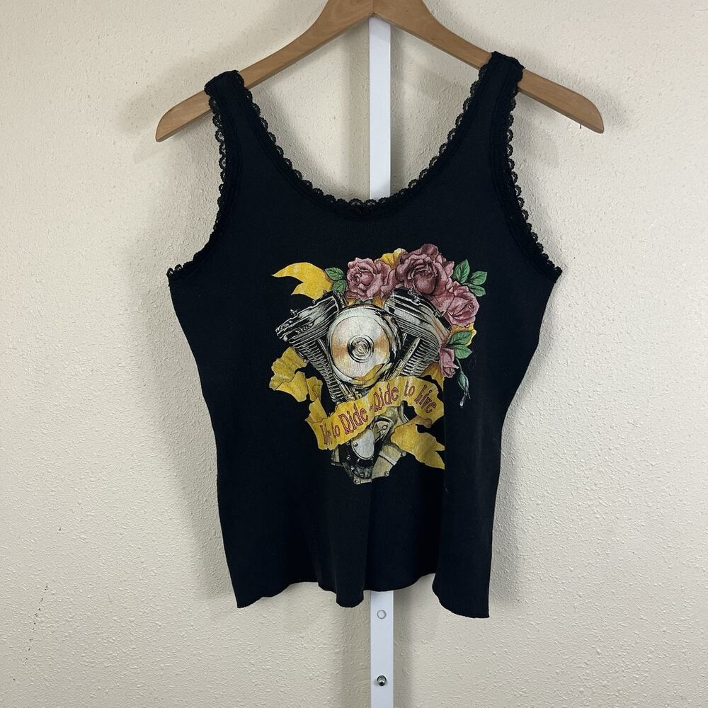 3D Emblem Vintage Maui Motorbike Co Lace Trim Tank Womens XL Y2K Biker USA